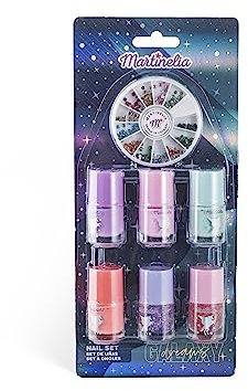 Martinelia Mini Maniküre-Set für Kinder Galaxy – Set mit 6 Nagellacken für Kinder & verschiedene Pailletten – Mini-Nagellack auf Wasserbasis, Blau, Rosa, Violett und Orange + 2 Glitzer-Lacke –