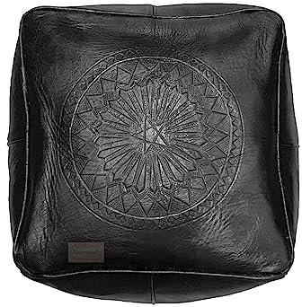 Marokkanischer Lederpouf, würfelförmiger Ottoman-Pouf, Lederhocker, quadratischer Fußhocker, 100% Leder, marokkanischer Pouf - ungefüllt (schwarz)
