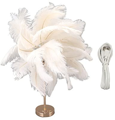 Otufan Straußenfeder-Tischlampe, Wiederaufladbar, Moderne Romantische Dekorationslampe, Schlafzimmer-Nachttischlampe Für Heimdekoration(Weiß)