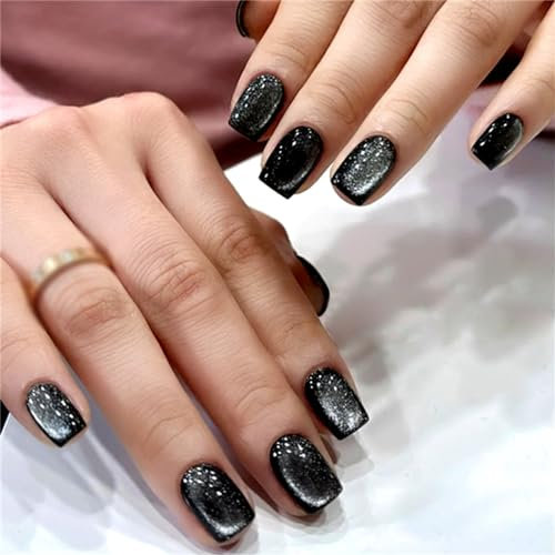 Diamond Black Cat's Eye Fake Nail Short Square Press on Nails Tips Nail Art Decoration for Women and Girls Nail Art Manicure 24pcs
