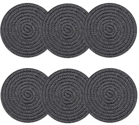 Round Woven Coasters Set of 6 Deep Grey Drinks Coasters 11cm /4.3 Inch Water Absorbent Drink Heat Resistant Bar Coasters for Office Dinning Room Kitchen Table BD0198