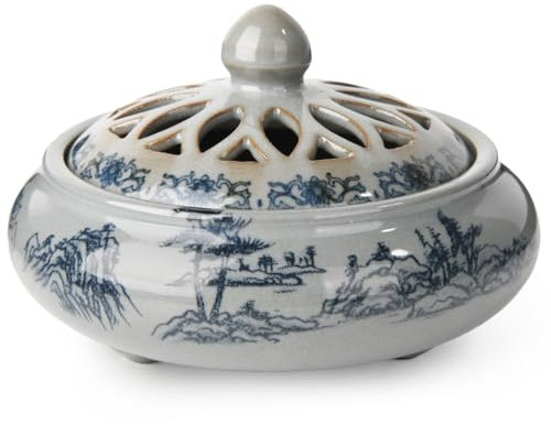 EOIMS Ceramic Incense Burner with Incense Holder Handmade Smudgeing Burning Bowl for Cone/Stick/Coil Incense,Sage Cones and Mosquito(Cyan)