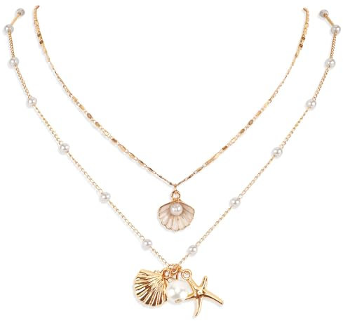 Mikovivi 2pcs Shell Necklaces, Shiny Charming Beach Jewelry for Women Adjustable Multi-Layer Seashell Necklace with Pearls Match All Outfits Summer Sea Necklaces for Birthday Wedding Party Engagement