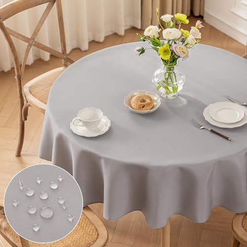 Moonooda Tischdecke Rund Hellgrau, Φ120cm Tischdecken Waschbar Tischtuch aus Polyester, Leicht wasserabweisend mit Lotuseffekt, Dauerhaft Kratzfest für Haus, Hochzeiten, Party