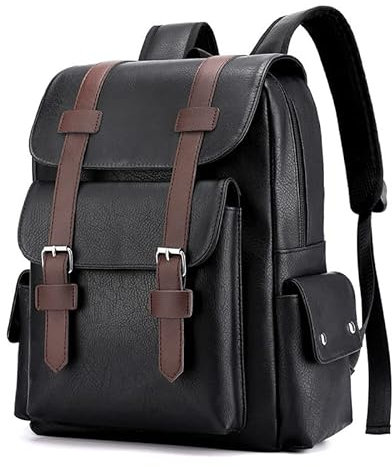 FUNSEED Backpack for Men, Large Capacity 15.6in Laptop Bag Vintage PU Leather Shoulder Bag for Travel Work, Black, L, Fashion