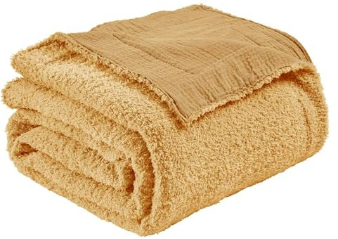 EMME Gewebte Baumwolle Muslin Decke Sofadecke tagesdecke, Fleece Flauschig Kuscheldecke für Couch Weich Leichte Atmungsaktive Decke Überwurfdecke,130 x 150cm,Beige
