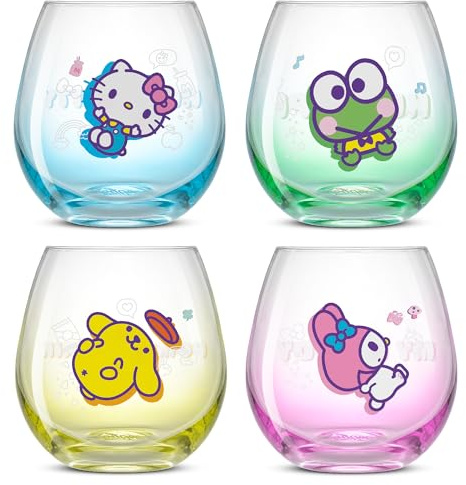 JoyJolt Hello Kitty & Friends Above the Clouds Drinking Glasses Without Legs 445 ml, Set 1.2 m Hello Kitty Keroppi My Melody Pompurin, Kawaii Cookware Sets