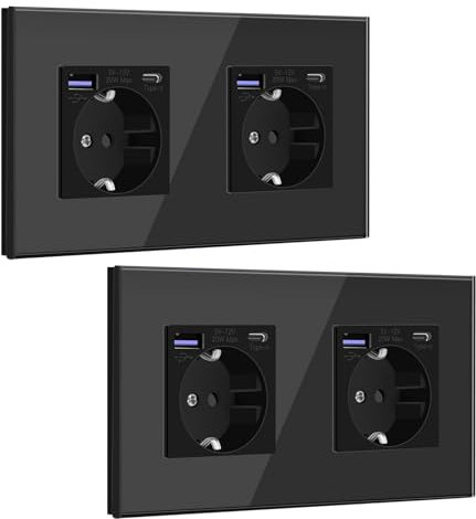 BSEED Enchufe Schuko con Cargador Rápido USB C 20W, Enchufe USB Empotrado, Enchufe Pared Enchufe Doble Negro, Enchufe Doble Pared 2 Piezas