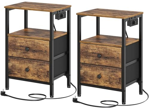 YATINEY Mesitas de Noche con Estación de Carga, Mesitas de Noche Pack 2, con 2 Cajones, Mesitas Industrial para Dormitorio, Salón, Marrón Vintage y Negro XET02L2CBR