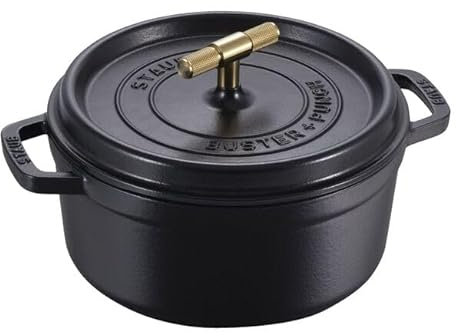 STAUB Cocotte ronde en fonte, noir, 24 cm, bouton en laiton