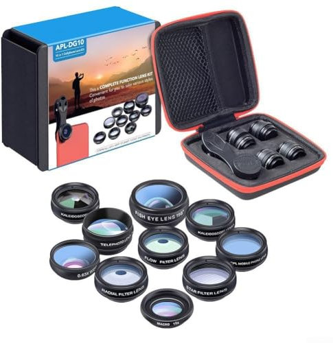Zilimontt 10 In 1 Phone Camera Lens Kit Wide Angle Lens,Macro Lens,198° Fisheye Lens,Telephoto Lens,Kaleidoscope 3/6 Lens,CPL/Flow Fiter/star Filter/Radial Filter Lens Clip-on Phone