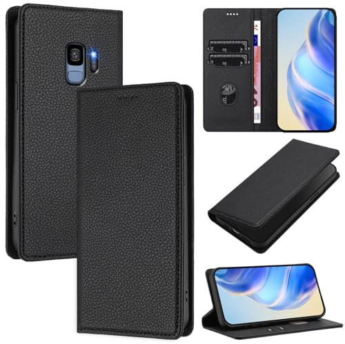 DENDICO Handyhülle für Samsung Galaxy S9 Hülle, PU Leder Klapphülle mit RFID-Blockierung, Stoßfeste Magnetische Schutzhülle für Samsung S9, Schwarz
