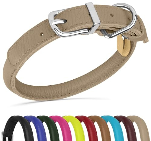 OOPSDOGGY Rolled Leather Dog Collar Soft Roll Collars for Small Medium Large Dogs Puppy (Beige, XXS, 7-9)