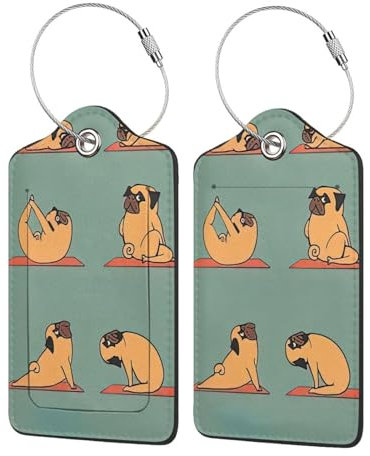CHUNMINW Kofferanhänger mit Yoga-Mops-Aufdruck, Stahlschlaufen-Anhänger für Koffer, modische PU-Sichtschutz-Identifikation, 4 Stück