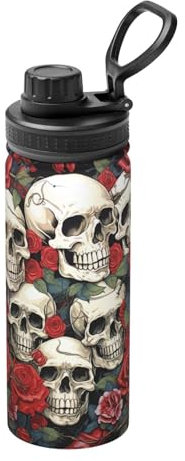 Bouteille d'eau isotherme en acier inoxydable avec tête de mort et roses 532 ml