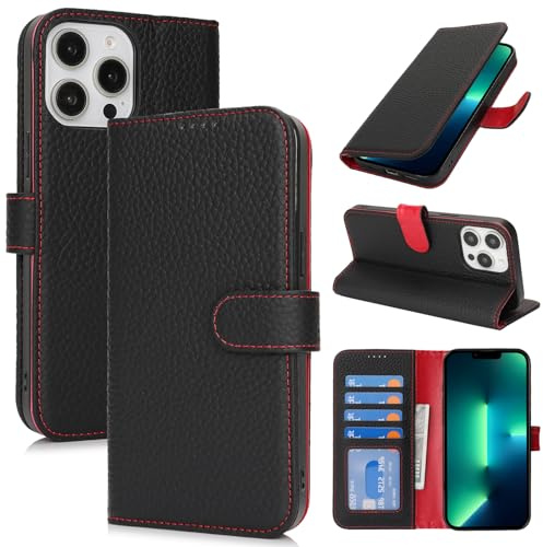 Zouzt for iPhone 13 Pro Max/12 Pro Max 6.7 Genuine Leather Wallet Case with 4 Card Slot, RFID Blocking Magnetic Flip Folio Shockproof Cover Women Men for iPhone 13 Pro Max/12 Pro Max - Black & Red