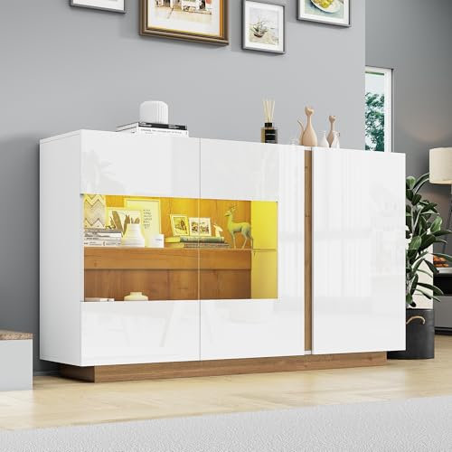 Lcoho Sideboard Hochglanz Kommode, weiße Spanplatte mit Glas, Holzsockel, Kommode Schrank Flurschrank 138 * 38 * 90,5cm