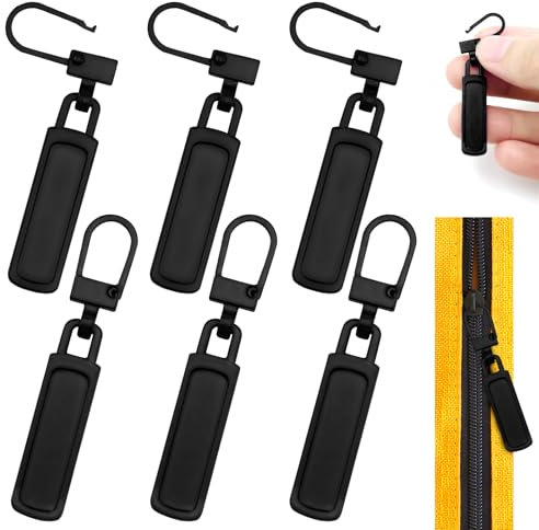 HZYIQ Cursore Cerniera Ricambio, 6 Pcs Cerniera Tira Sostituzione Universale, Tirante per Cerniera Lampo Rimovibile in Metallo, per Borsa, Vestiti, Jeans, Valigia - Nero