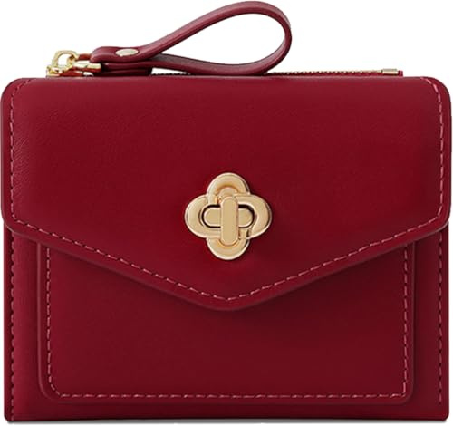 Farcauo Geldbörsen Frauen Portemonnaie Damen Rotes Portemonnaie für Frauen Klein Minimalistisches Blumen Design Portmonee mit Ausweisfach und Kartenhüllen
