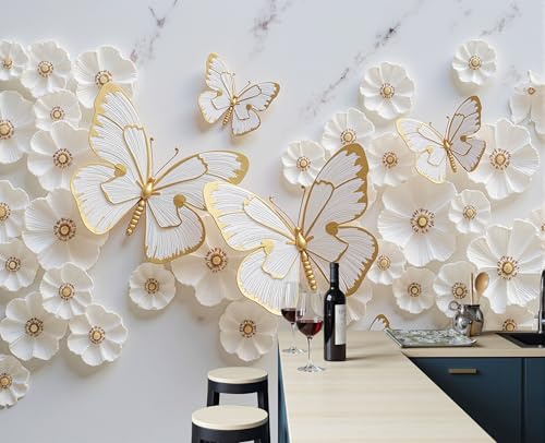 Vlies Fototapete 3D-Schmetterlingsblumenrelief 400X280Cm Fototapeten Luxuriöser Marmor Wandtapete 3D Effekt Wandbilder Wanddekoration Für Wohnzimmer Schlafzimmer Tv Hintergrund, Weiß