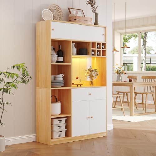 xixiworkshop Küchenbuffet mit Arbeitsplatte,115×35×180cm,Kitchen Cabinet mit 1 großen Schubladen und Weinregal,Küchenschrank mit 8 Ablagefächer,für Küche & Wohnzimmer,weiß und Holzfarbe