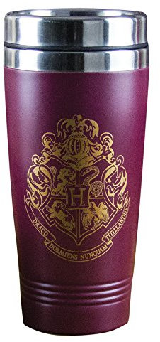 TruffleShuffle Hogwarts Wappen Reisebecher - Silberner Edelstahl mit Silikonhülle - 473 ml - Klassisch für Heißgetränke