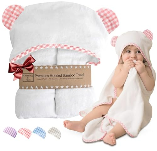 Channing & Yates Premium Boutique Baby Towels for Girls - Hooded Girl Towel & Washcloth Set - Organic Viscose Made from Bamboo Baby Towels with Hood - Baby Girl Bath Towels (Pink)