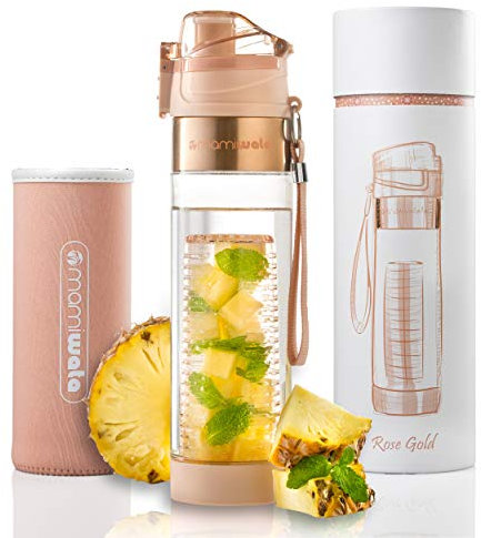 MAMI WATA Fruit Infuser Water Bottle – Unique Stylish Design – Includes Fruit Infused Water recipes eBook & Insulating sleeve – Bottom water Infusion for Enhanced Flavor – Beautiful Gift Box