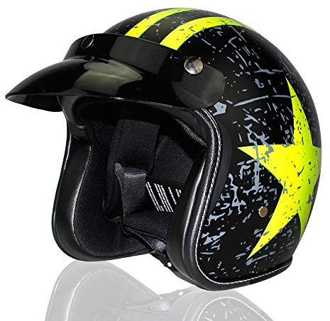 Woljay 3/4 Offener Sturzhelm, Helmet Motorrad-Helm Jet-Helm Scooter-Helm Vespa-Helm Halbhelme Adult Helm Flat mit Rebellen Schwarz + Gelb Star Graphic (XXL)