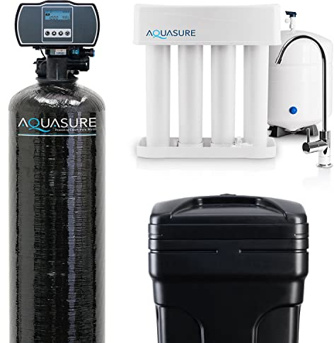 Aquasure 48,000 Grains Whole House Water Filter Bundle with Automatic Digital Metered Control Softener and 75 GPD RO Reverse Osmosis Drinking System | Removes Hardness | Ideal for 3-4 bathrooms