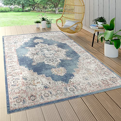 Paco Home In- & Outdoor-Teppich Für Balkon Terrasse, Kurzflor Mit Orient-Look In Blau, Grösse:Ø 200 cm Rund