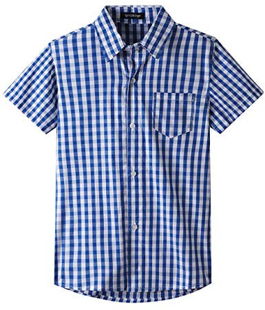 Spring&Gege Jungen Kurzarm Popeline Button Down Shirt Baumwolle Plaid Uniform Formelle Kleidung Hemden, Königsblau Gingham, 164 170