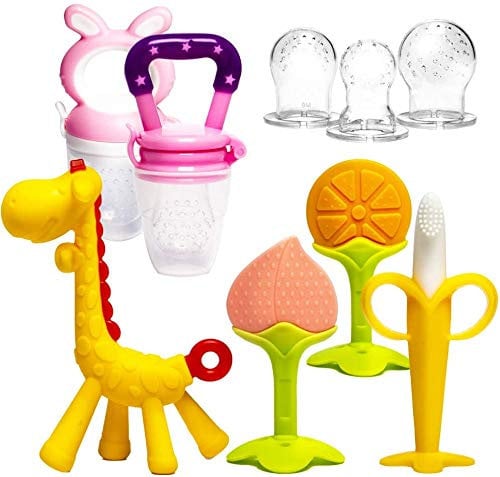 HONGTEYA Beißring für babys 6 Stück Beißring Spielzeug BPA-frei Fruchtsauger Baby 2 Silikon Sauger in 3 Größen Weich Sicher Silikon Pink