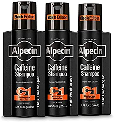 Alpecin Shampoo mit Koffein C1 Black Edition mit intensivem Duft, 250 ml, 3 Stück, Leistungssteigerung, fördert das natürliche Haarwachstum und die Haardicke, belebt das Leder