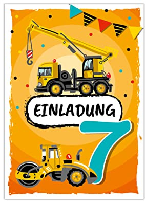 Junapack 12 Einladungskarten zum 7. Kindergeburtstag siebte Geburtstag Jungen Baustelle Geburtstagseinladungen