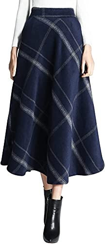 Damen Lang Rock Elegant Maxi Winterrock Plaid Warm Wollrock Hohe Taille Karierter röcke Herbst Elastische Taille Vintage A Linie Casual Midi Faltenrock G Dark Blue XXXL