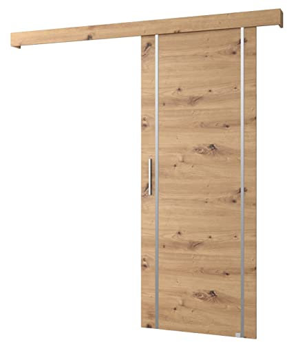 KRYSPOL Schiebetürsystem Salwador 9 Komplett-Set für Schiebetüren, Trennwände Innentüren, Modern Design (Artisan Eiche/Gitter: Artisan Eiche/Griff und Streife: Silber)