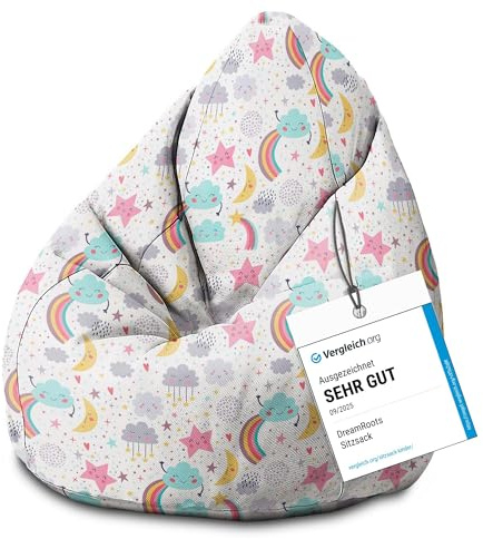 DreamRoots Sitzsack Kinder 70x70x105, Happy Sky | Bean Bag Kinder mit Lehne, Hocker & Bezug, Sitzkissen Boden, Bubibag, mit Füllung, Kinderzimmer