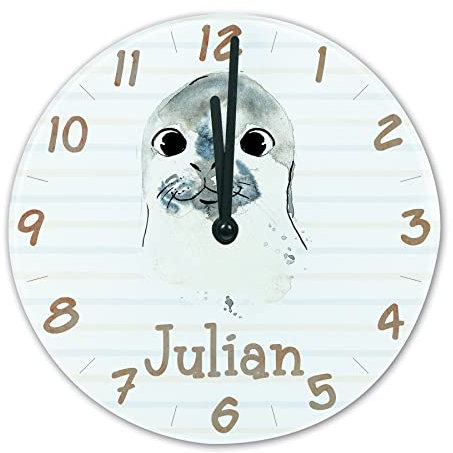 timalo® Wanduhr Tiere Kinderzimmer personalisiert mit Namen | Geschenk Uhr für Kinder mit süßen Tiermotiven | Robbe glasuhr-t-22