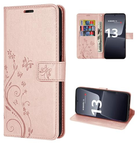 betterfon Hülle Kompatibel mit Xiaomi 13 | Premium PU Leder Handyhülle Wallet Case für 13 | Schutzhülle Blumen Klapphülle Handyhülle | Rosegold