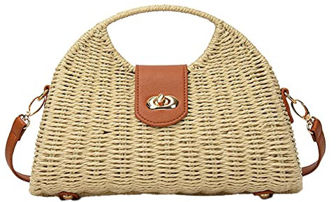 Sac à bandoulière en paille pour femme - Pochette Bandouliere - Sac à main de plage en rotin tissé à la main avec poignée sur le dessus - Sac à main pour voyage et vacances, beige, Taille unique