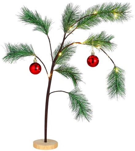Yuxung Árbol de Navidad con bolas rojas brillantes y cadena de luces LED, soporte de madera de 24 pulgadas, árbol doblado de Navidad con adornos navideños