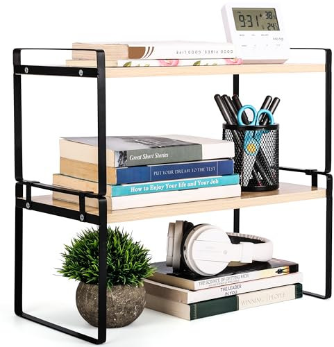 BELLE VOUS Küchenregal aus Holz - stapelbares 2-stufiges Regal für Tisch Küche oder Schreibtisch - Küchenorganizer stehend für Arbeitsplatte - Tischregal in braun und schwarz