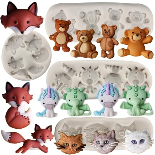MYPRACS Moules À Fondant En Silicone Tête De Chat Renard Licorne Ours Pour Pâte À Sucre Gomme Bonbons Chocolat Décoration De Gâteaux Lot De 4