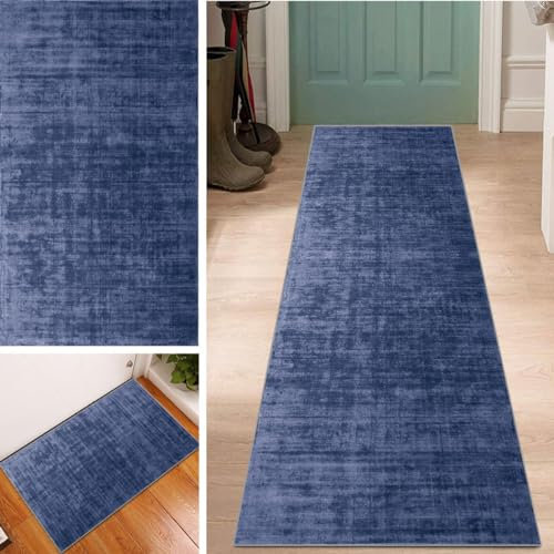 Lanmuvo Unifarbener Blau Läufer Flur Teppich Abstrakt 50x200cm rutschfest Waschbar Korridor Teppichmatten Küchenteppich Küchenläufer Teppichläufer Eingang Schlafzimmer Meterware Wohnzimmer