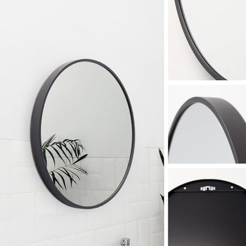 M MERCEO Spiegel rund 50cm, eingefasst im edlen schwarzen Aluminium Rahmen - aufhängefertiger Wandspiegel mit kristallklarer Spiegelung mit High-Definition-Glas - für Bad, Flur, Wohnzimmer