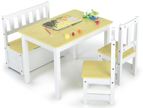 DREAMADE Kindetisch mit 2 Stühlen, Kindersitzgruppe aus Holz mit 22L Strauraum, Kindertruhenbank Kindermöbelset Holzsitzgruppe für Kinderzimmer, Spielzimmer, Wohnzimmer, Natur