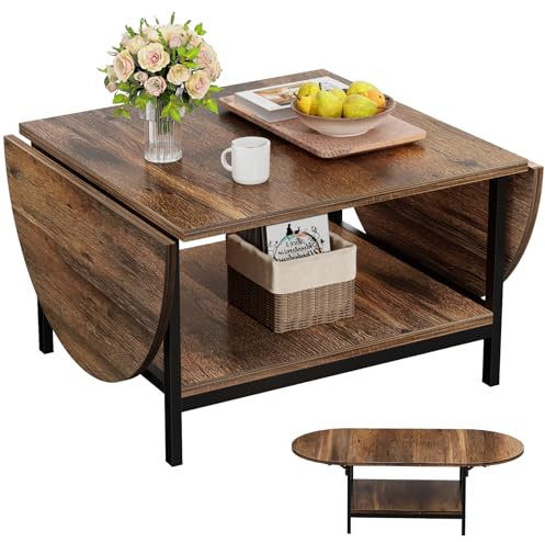 SAYGOER Couchtisch Mitte des Jahrhunderts, modern, erweiterter Couchtisch, 2-stöckiger Stauraum, Vintage-Tisch für Wohnzimmer, Bauernhaus, Mitteltisch mit zwei faltbaren Paneelen für jeden großen oder
