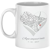 C&P Taza mapa del amor donde empezo todo, personalizada con tu ubicacion favorita, blanco brillo 350 ML (CORAZON BLANCO Y NEGRO)