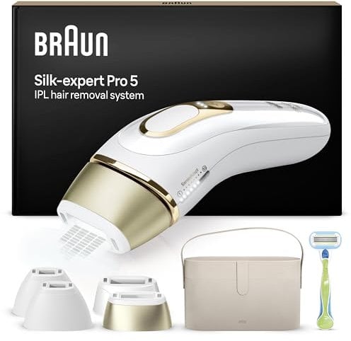 Braun IPL Silk·expert Pro 5 – IPL Geräte Haarentfernung, Dauerhafte und Schmerzfreie Haarentfernung für Zuhause – inkl. Etui, Venus Rasierer, 4 Aufsätze, Designed In Germany – PL5342, Weiß/Gold